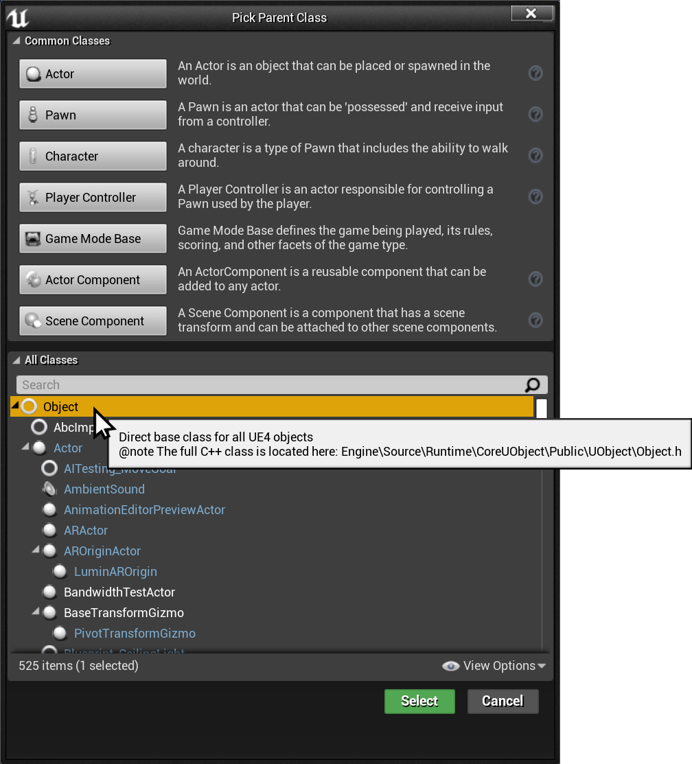 Screenshot of Blueprint creation menu, selecting UObject as parent