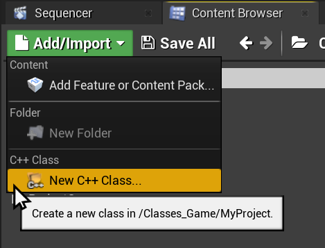 Screenshot of "New C++ Class" option of Content Browser's "Add/Import" menu
